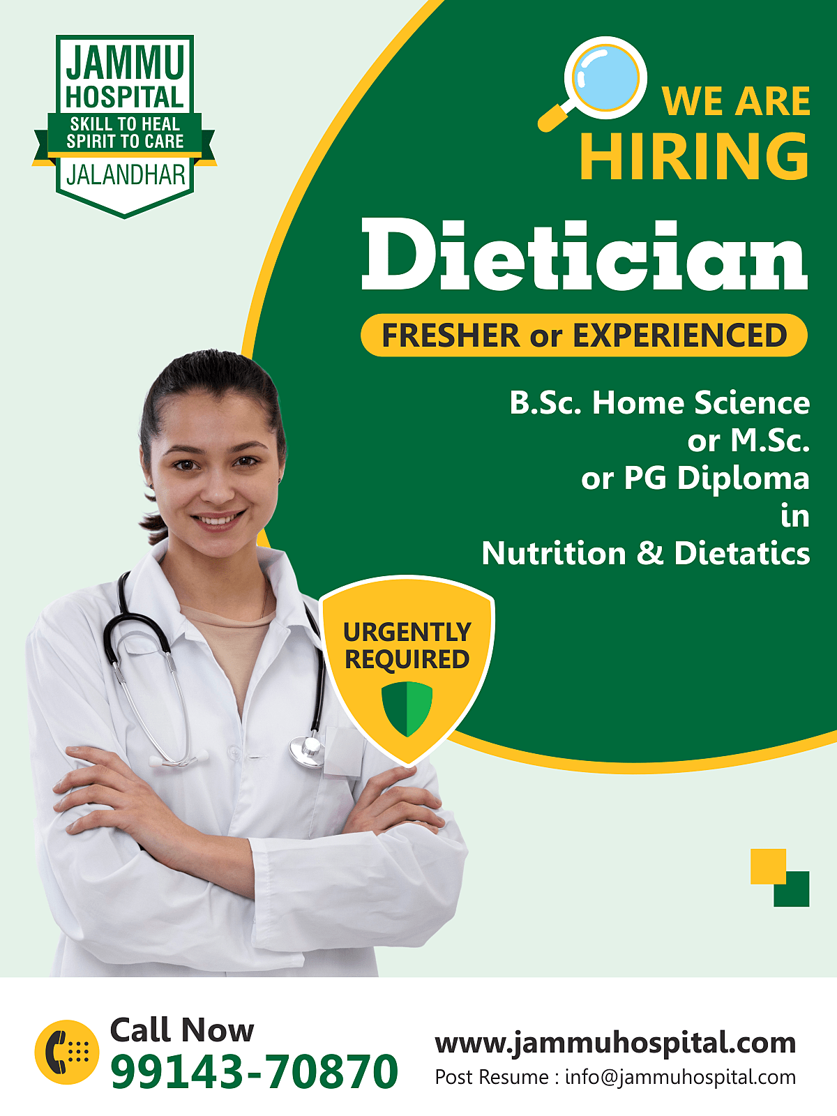 Dietician Job in Jalandhar - Jammu Hospital